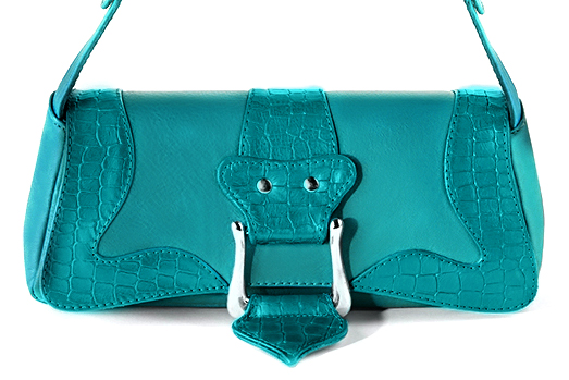 Turquoise blue women's dress handbag, matching pumps and belts. Profile view - Florence KOOIJMAN